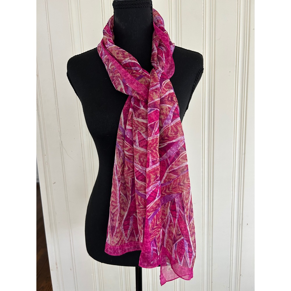 Anne Klein Silk Scarf 62 x 13 Oblong Pink Purple Abstract Geometric Sheer Light